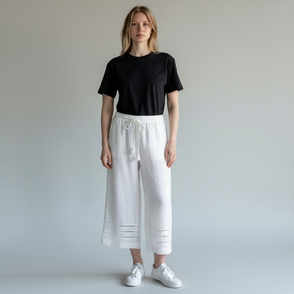 NWT WHITE HOUSE BLACK MARKET White Wide Leg Linen Crop Embroidered Hem Size 10